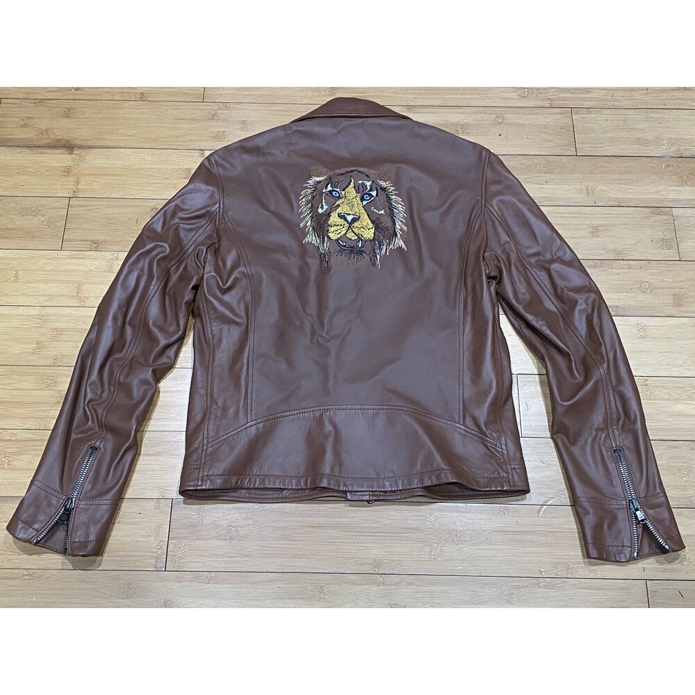 Paul Stuart/Phineas Cole Brown Napa Leather Embroidered Moto Jacket Men’s M NWT